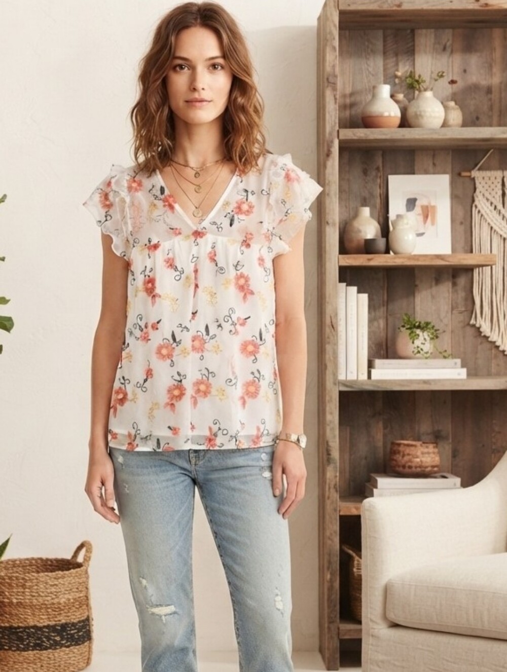 Cato Sheer Floral Top with Orange and Gold Embroidery